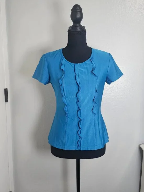 Three Rivers Ruffled Vibrant Blue Short Sleeves Blouse Japan Made - Size Medium - Picture 2 of 7